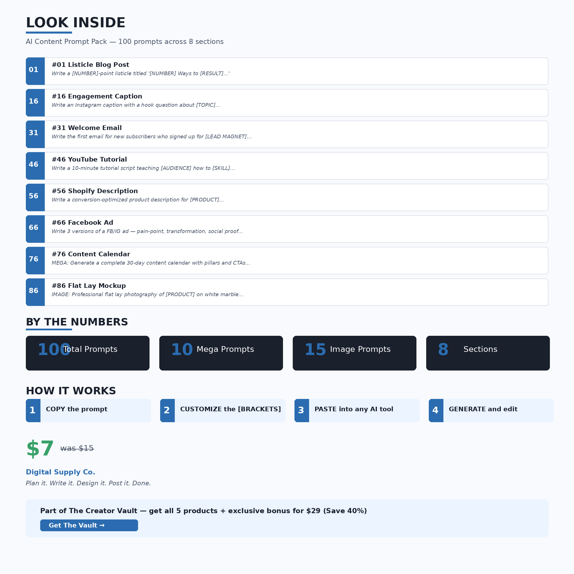 Inside look at AI Content Prompt Pack - Sample prompts for Blog Posts, Engagement Captions, Welcome Emails, YouTube Tutorials, and Product Descriptions